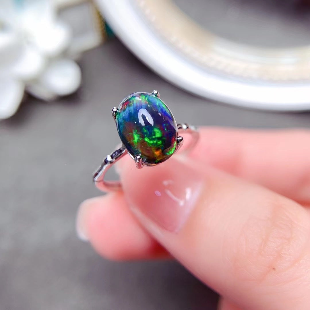 925 Silver Delicate Mosaic Natural Black Opal Ring