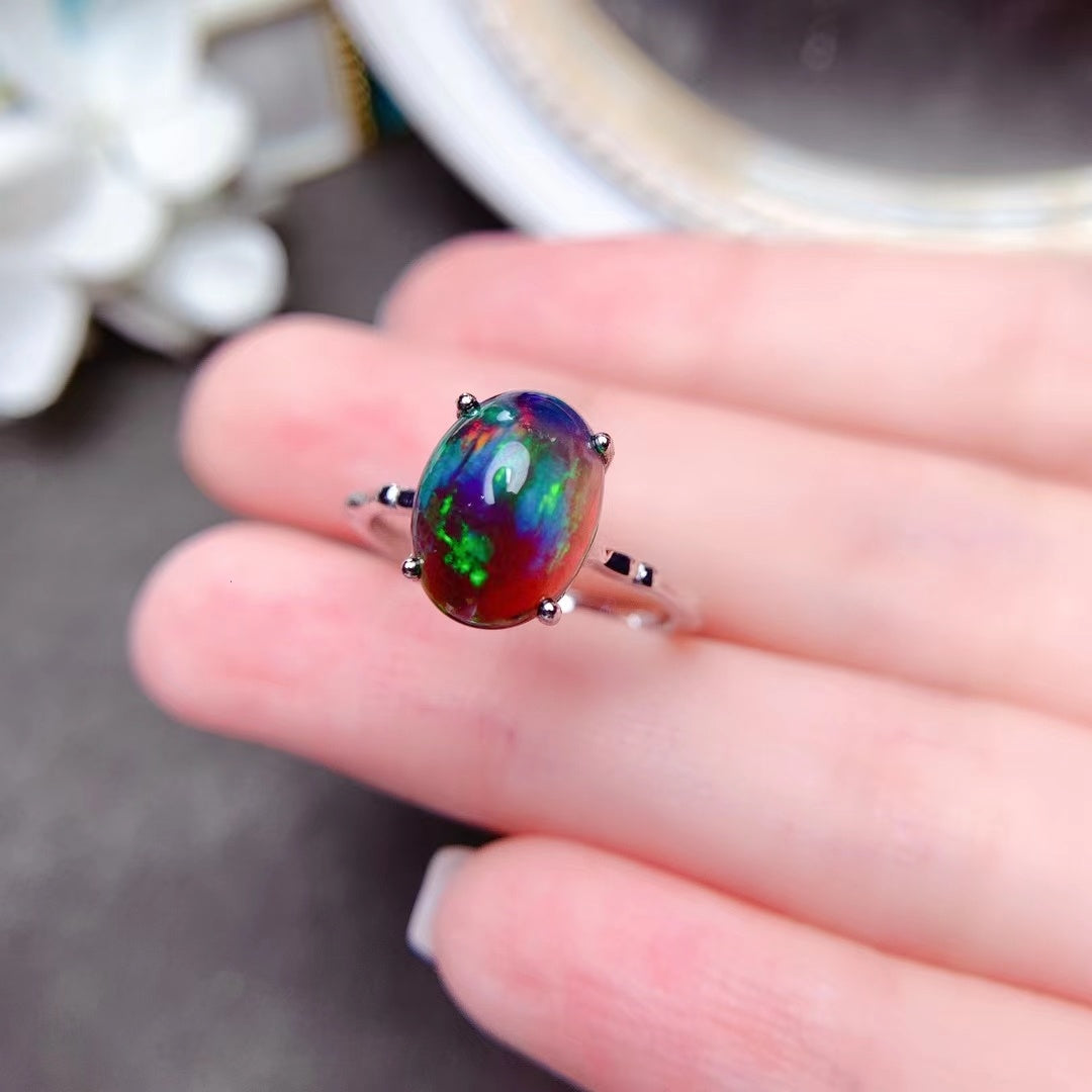 925 Silver Delicate Mosaic Natural Black Opal Ring