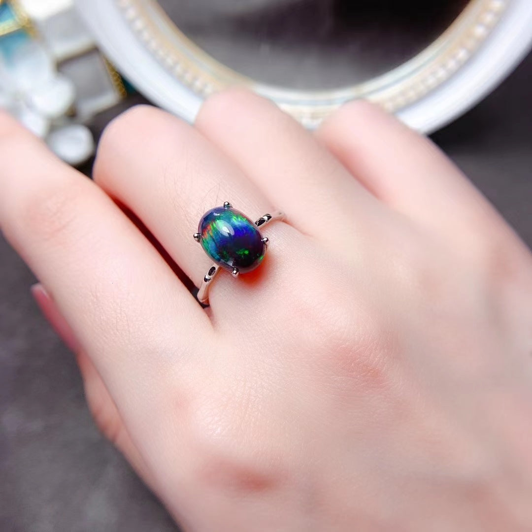 925 Silver Delicate Mosaic Natural Black Opal Ring