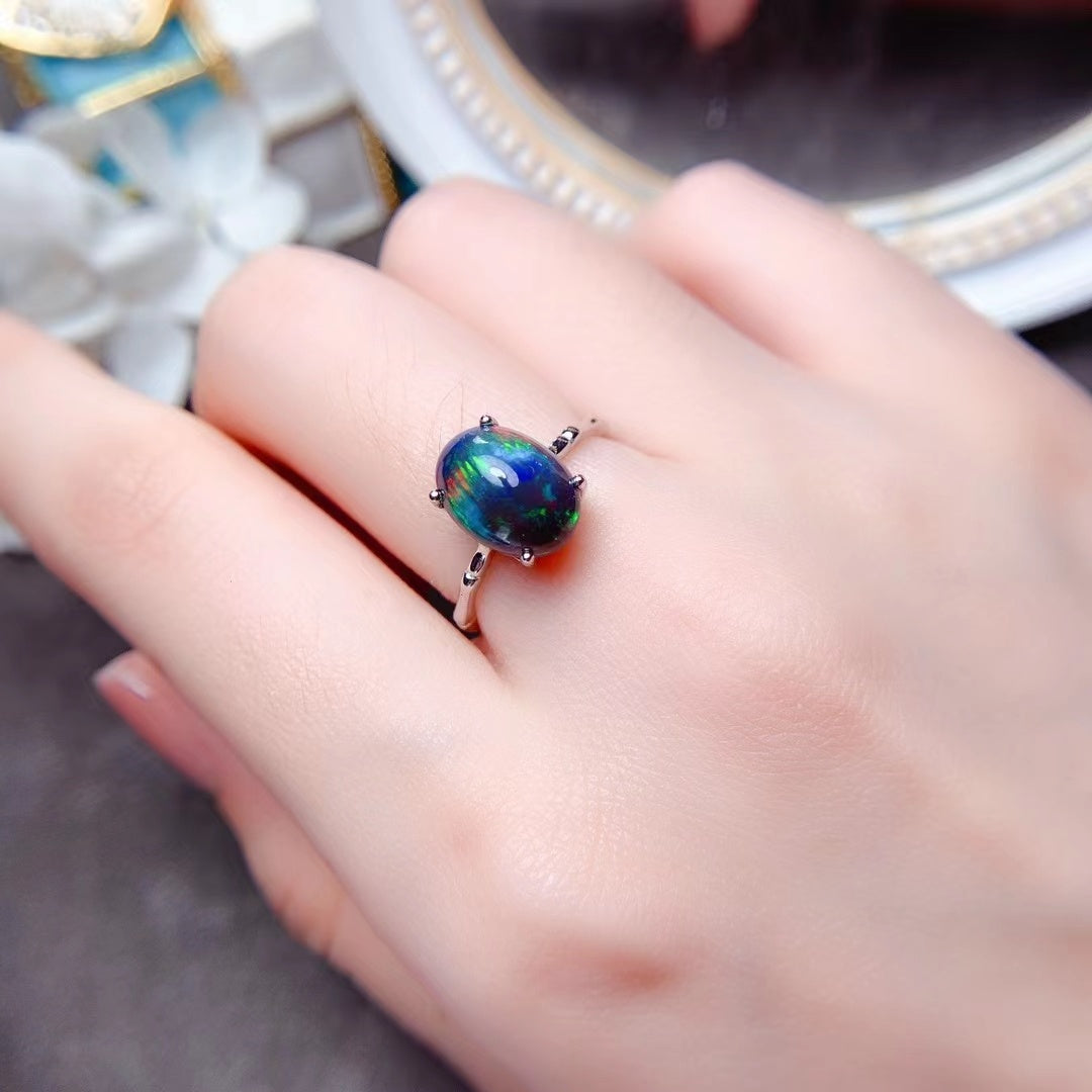 925 Silver Delicate Mosaic Natural Black Opal Ring