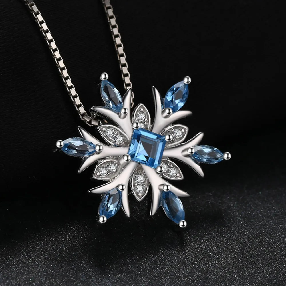 Snowflake Natural Blue Topaz 925 Sterling Silver Pendant Necklace