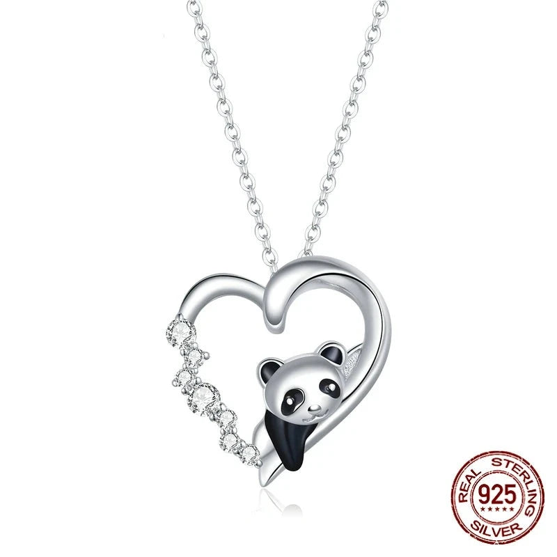 925 Sterling Silver Baby Panda Crystal Necklace Enamel Cute