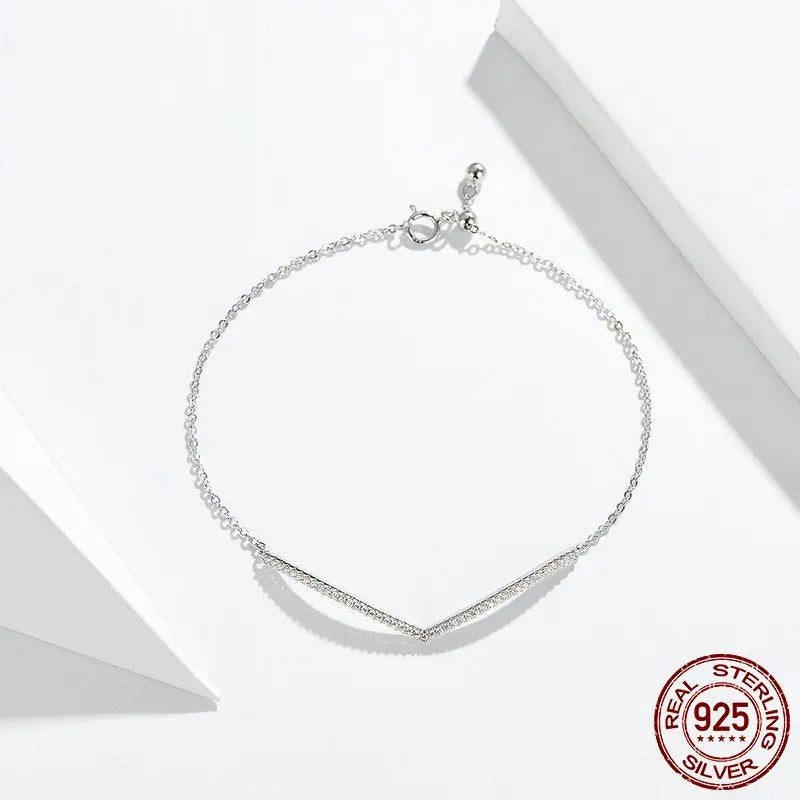 V Shape Geometric Silver Bracelet Dazzling Clear CZ Chain Bracelets