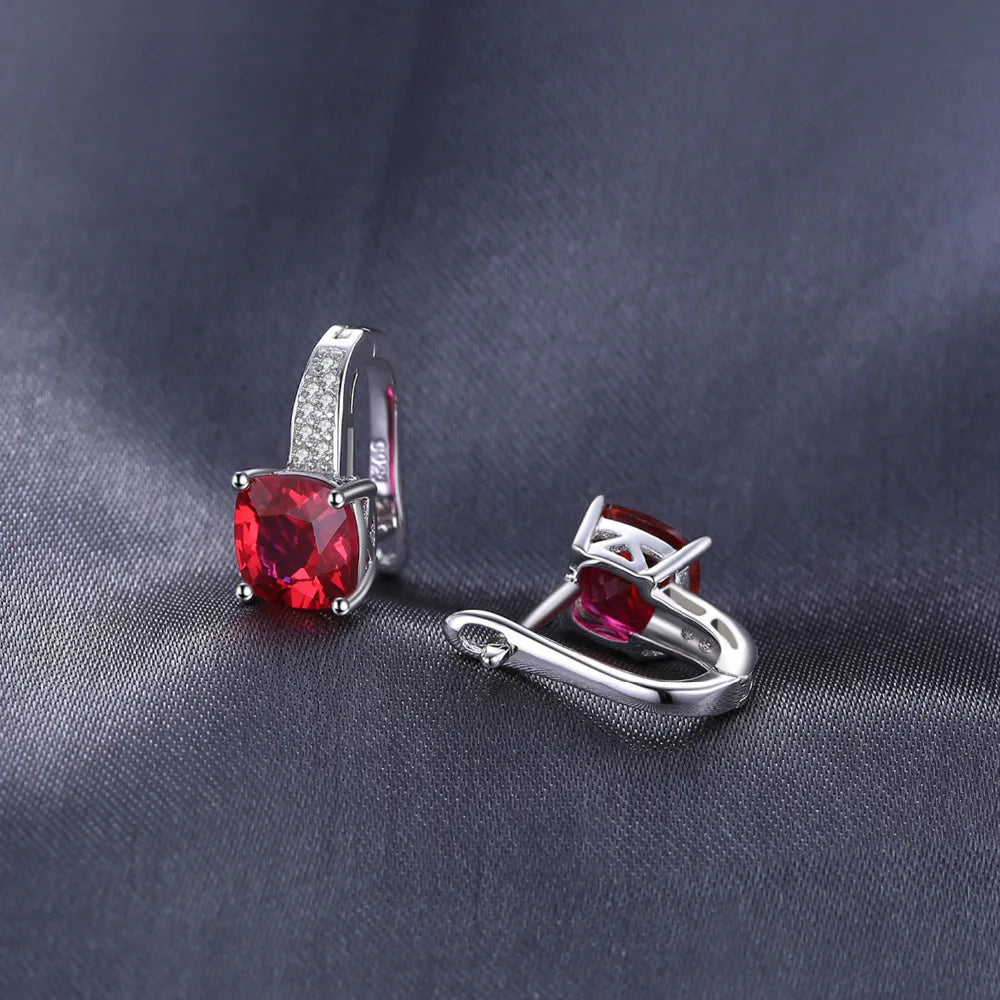 Cushion Cut Red Ruby Hoop Earrings