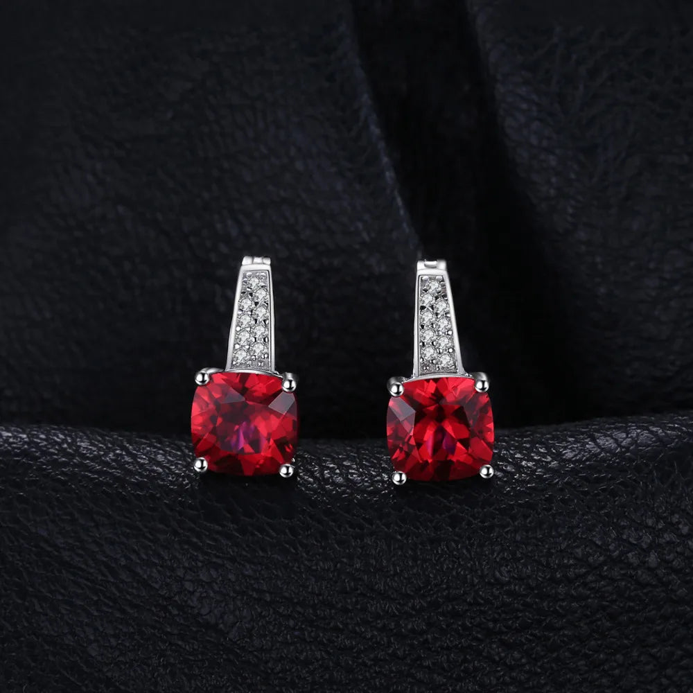 Cushion Cut Red Ruby Hoop Earrings