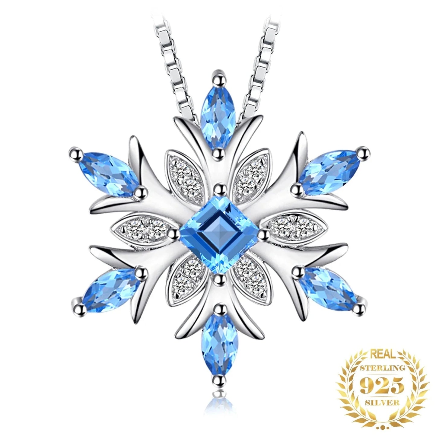 Snowflake Natural Blue Topaz 925 Sterling Silver Pendant Necklace