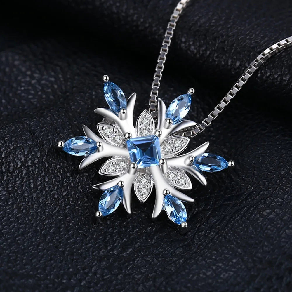 Snowflake Natural Blue Topaz 925 Sterling Silver Pendant Necklace