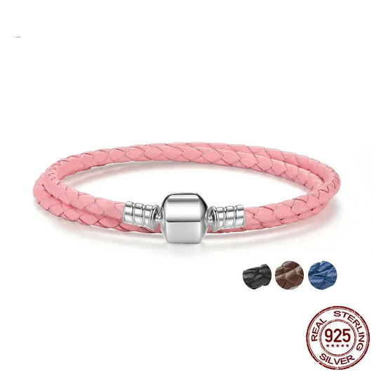 Genuine Long Double Pink Black Braided Leather Chain Women Bracelets