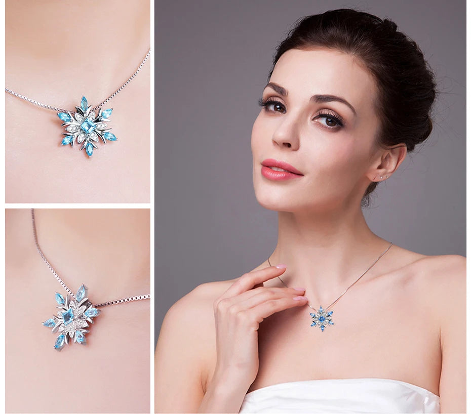 Snowflake Natural Blue Topaz 925 Sterling Silver Pendant Necklace