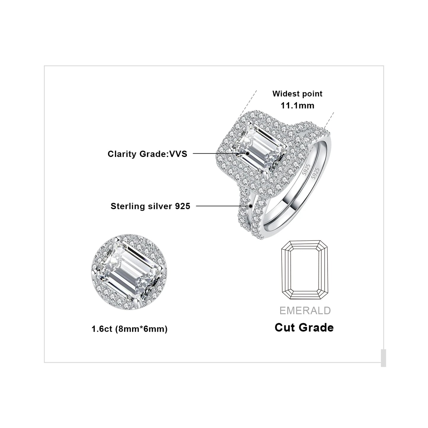 Emerald Cut Halo Wedding Band Engagement Ring Set