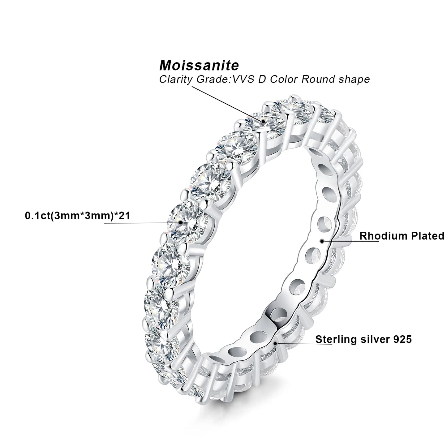 Moissanite D Color 2.1ct Round Sterling Silver Stackable Wedding Band