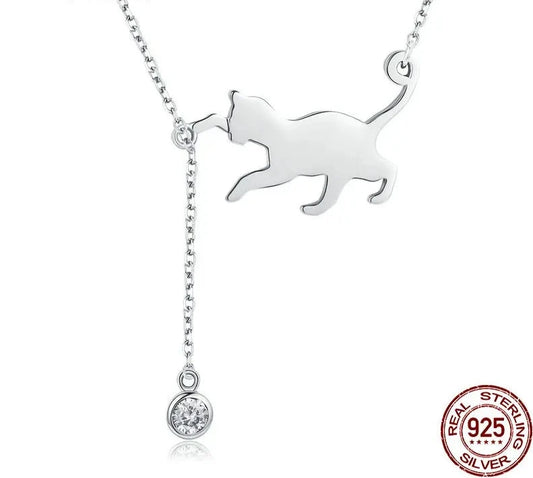 S925 Sterling Silver Cat Necklace Cute Silver Cat Pendant