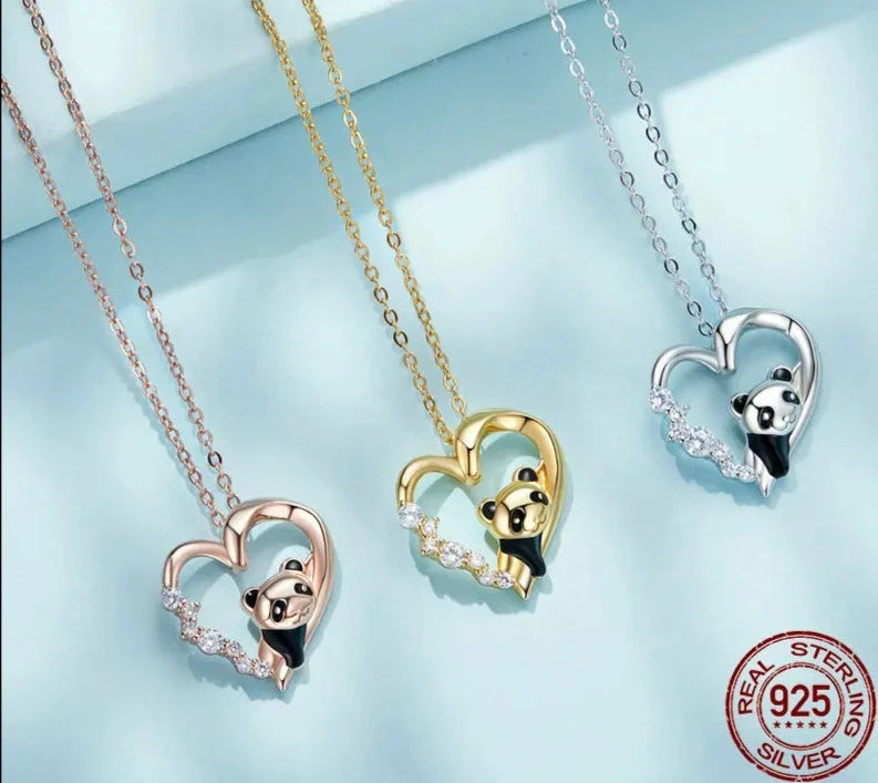 925 Sterling Silver Baby Panda Crystal Necklace Enamel Cute