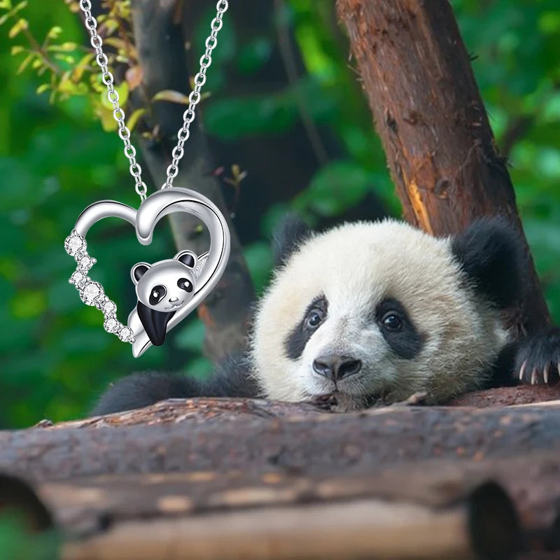 925 Sterling Silver Baby Panda Crystal Necklace Enamel Cute