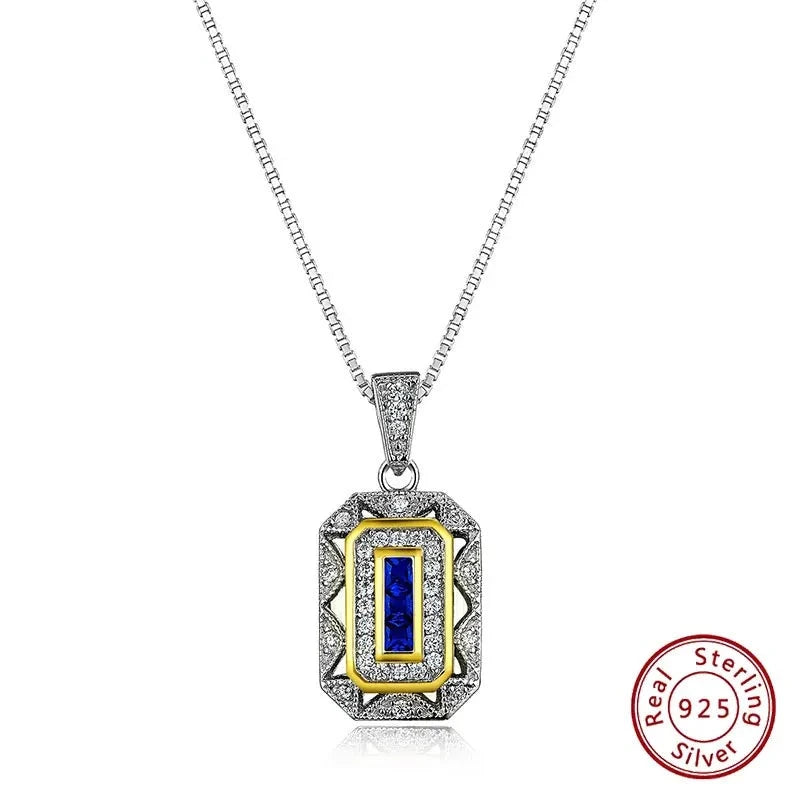 Blue Cubic Zircon Decor Geometric Charm 925 Sterling Silver Pendant Necklace