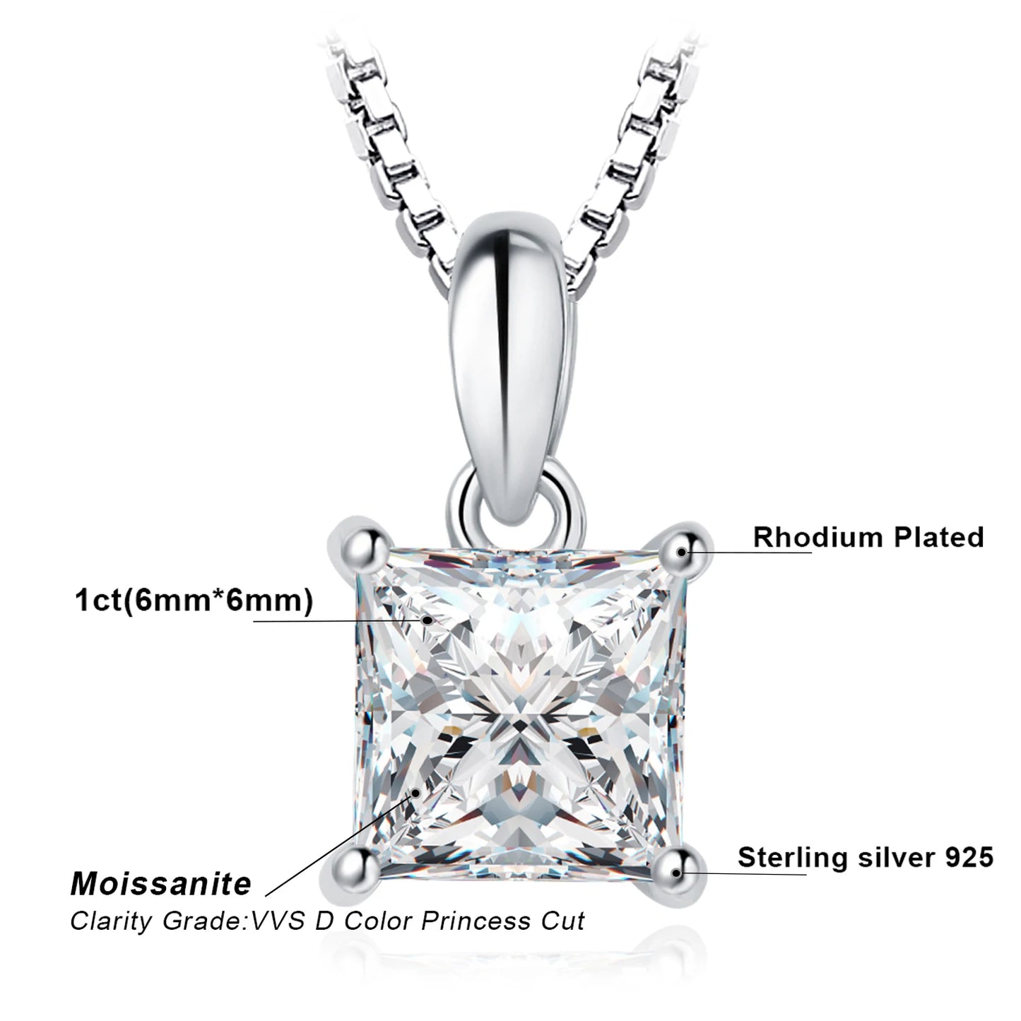 Moissanite D Color 1ct Princess Cut Pendant Necklace