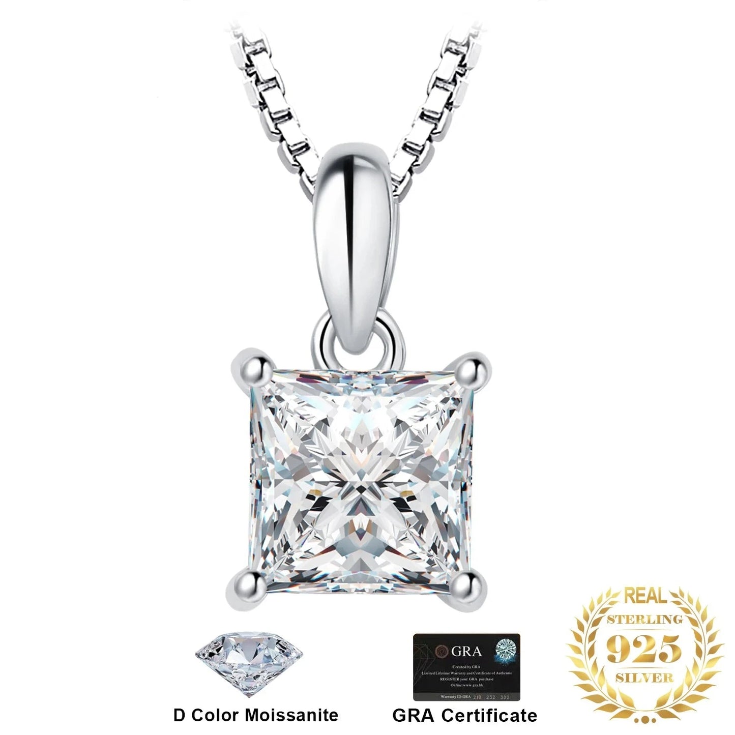 Moissanite D Color 1ct Princess Cut Pendant Necklace