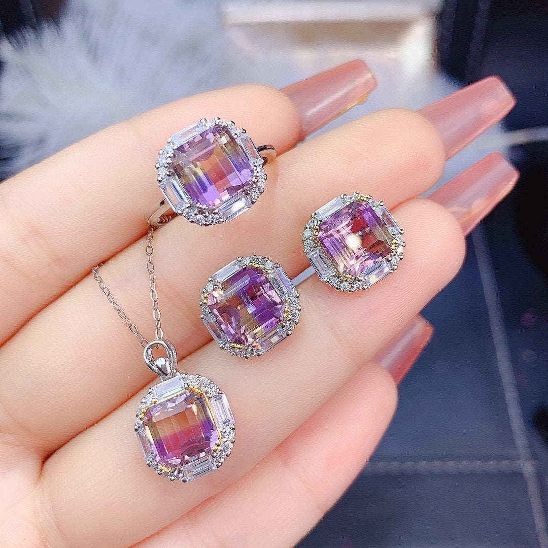 Natural Ascher Amethyst Set Ring Pendant Earrings