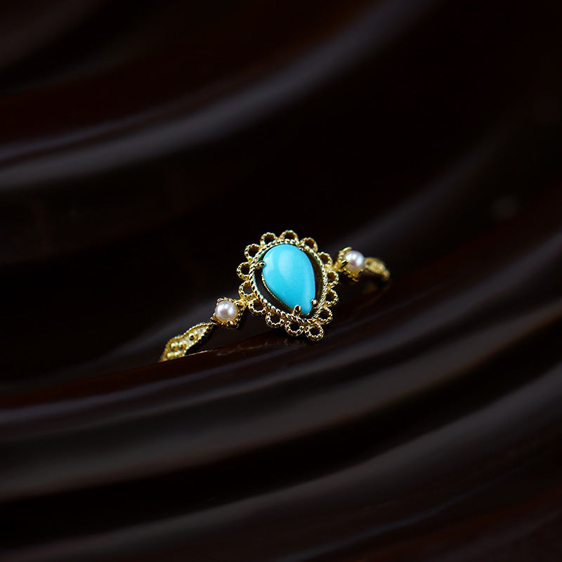 Women's Natural Turquoise Pearl Openwork Pattern Ring