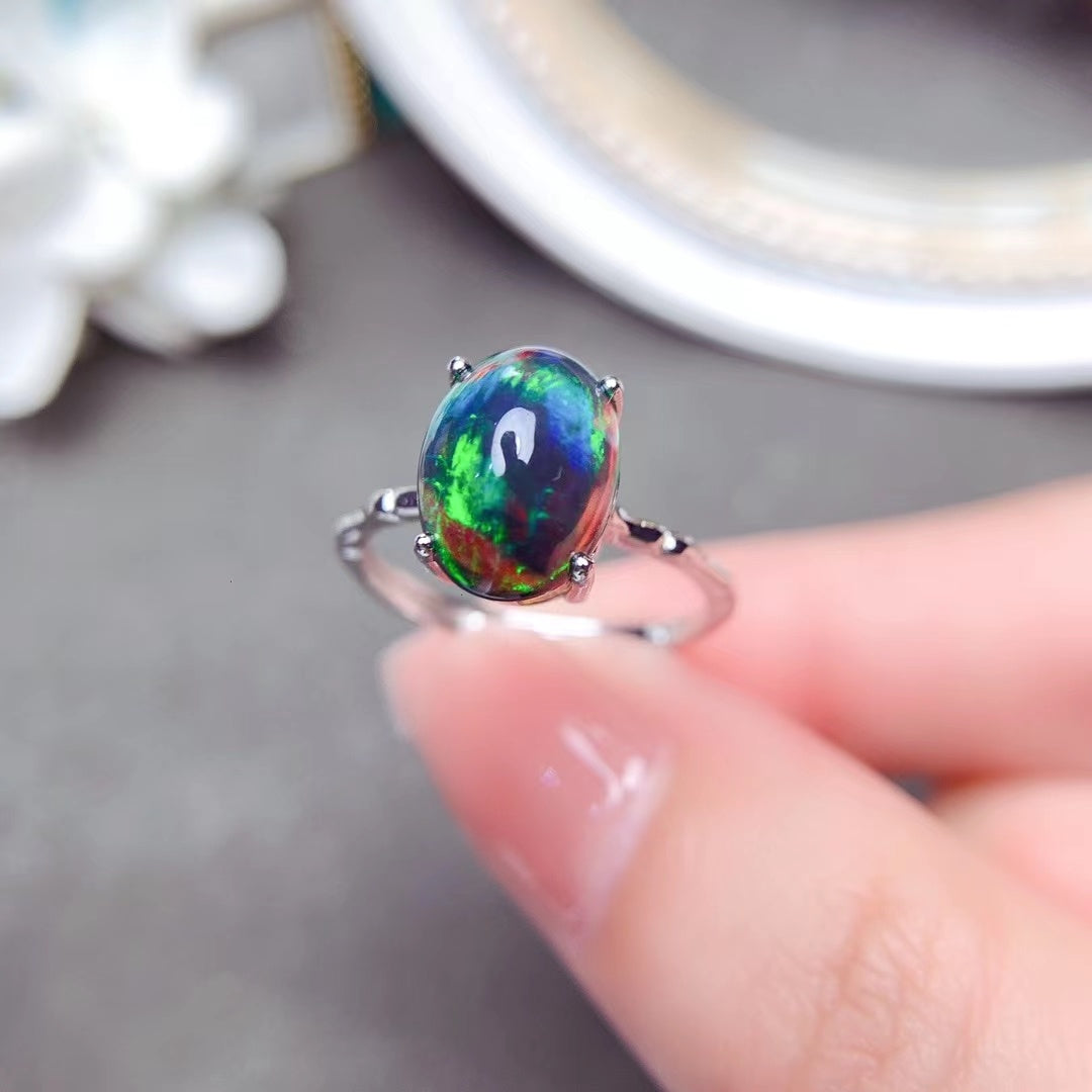 925 Silver Delicate Mosaic Natural Black Opal Ring